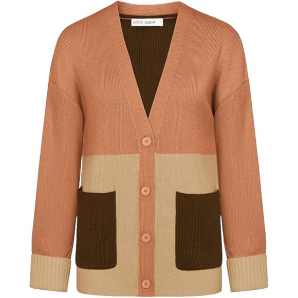 GRACE KARIN Women's Color Block Cardigan Sweater In Orange - Size 2XL - Picture 1 of 9